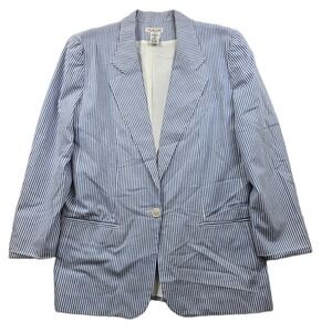 Talbots Seersucker Blazer Women 10 Blue White Cotton  Stripe Jacket USA Made